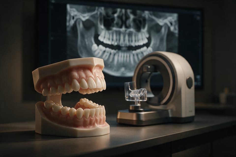 Model szczęki, tomograf CBCT i zdjęcie pantomograficzne na ekranie w gabinecie